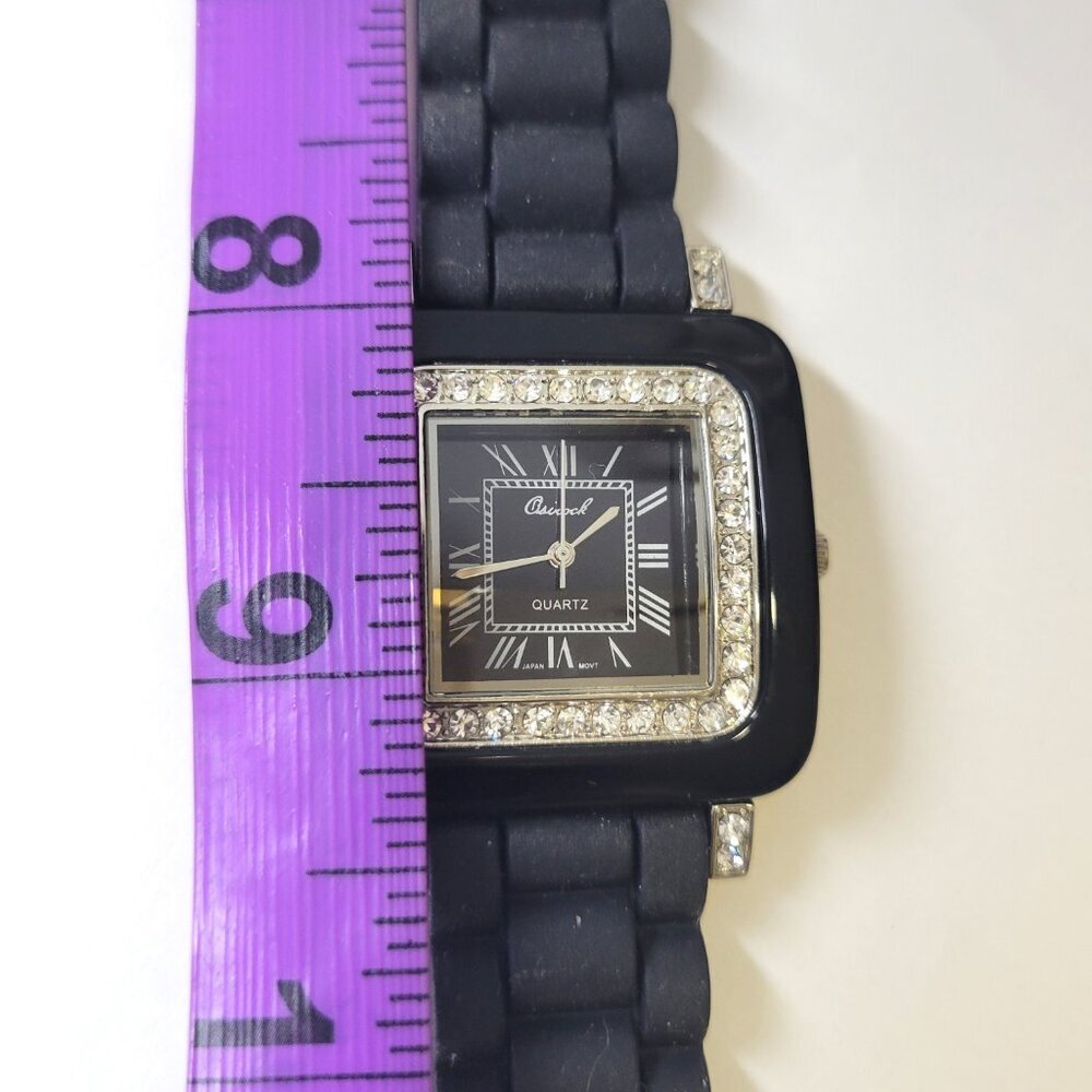 OSIROCK Black Quartz Wrist Watch Rhinestone Square Adjustable Silicone Band - Picture 8 of 15